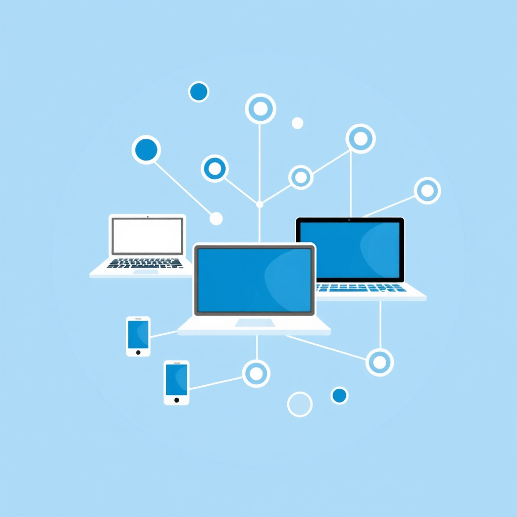 A stylized image of interconnected devices (laptops, tablets, smartphones) forming a network, representing the integration of technology into business operations. Use a clean and modern design with a blue and white color palette.