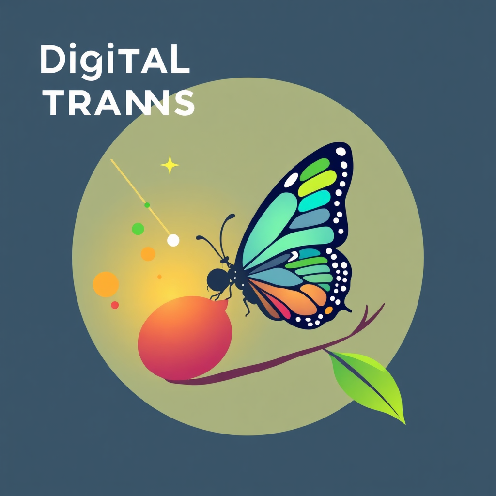 A stylized image representing digital transformation, with a butterfly emerging from a caterpillar, symbolizing growth and evolution. Use a vibrant color palette with a focus on transformation and change.