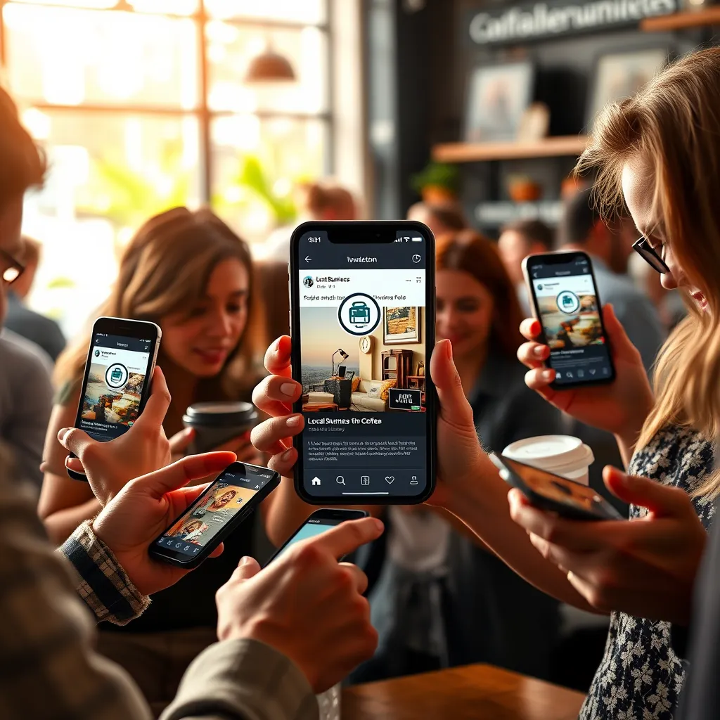 A vibrant, energetic scene of people interacting with a social media post on various devices. The post features a local business logo, a captivating image, and engaging text. The background is a bustling coffee shop or a trendy co-working space. The lighting is natural and bright, creating a lively and inviting atmosphere. The image should be in a photorealistic style, capturing the details of the devices, the faces of the people, and the surrounding environment. The overall mood should be dynamic and positive, showcasing the power of social media marketing for local businesses.