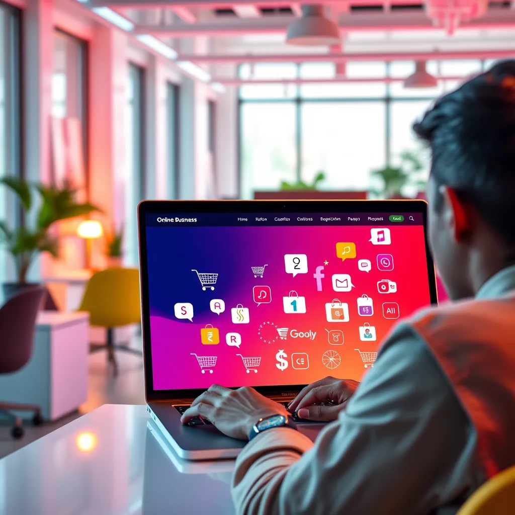 A vibrant, modern office space with a person looking at a laptop screen displaying a website with a variety of online business icons, such as shopping carts, money bags, and social media symbols. The atmosphere is energetic and positive, conveying the excitement of exploring online business opportunities.