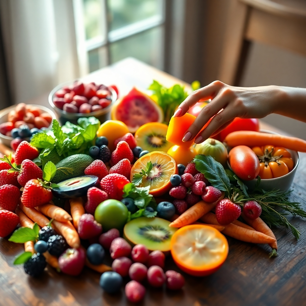 A vibrant, photorealistic image showcasing a colorful array of fresh fruits and vegetables known for their skin-enhancing properties, such as berries, leafy greens, and carrots.  The food should be arranged artfully on a wooden table, bathed in warm, natural light.  A woman's hand gently reaches for a piece of fruit, emphasizing the connection between food and beauty.