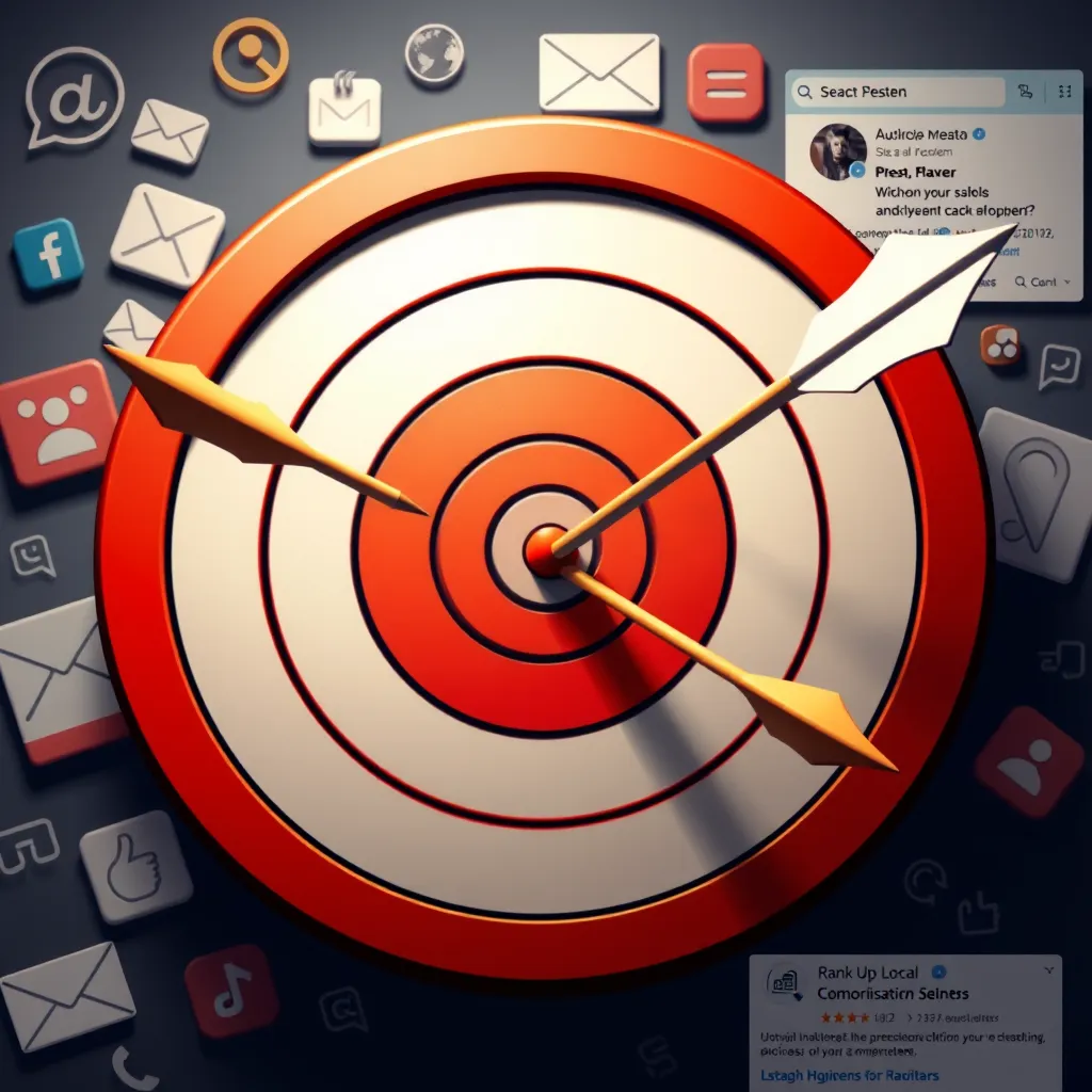 A vibrant illustration of a bullseye target, with arrows hitting the center. The target represents a business's ideal customer profile, and the arrows symbolize the precise marketing strategies implemented by Rank Up Local Agency to reach them. The background should include various digital marketing elements like social media icons, email newsletters, and a search engine result page with the business listed prominently.
