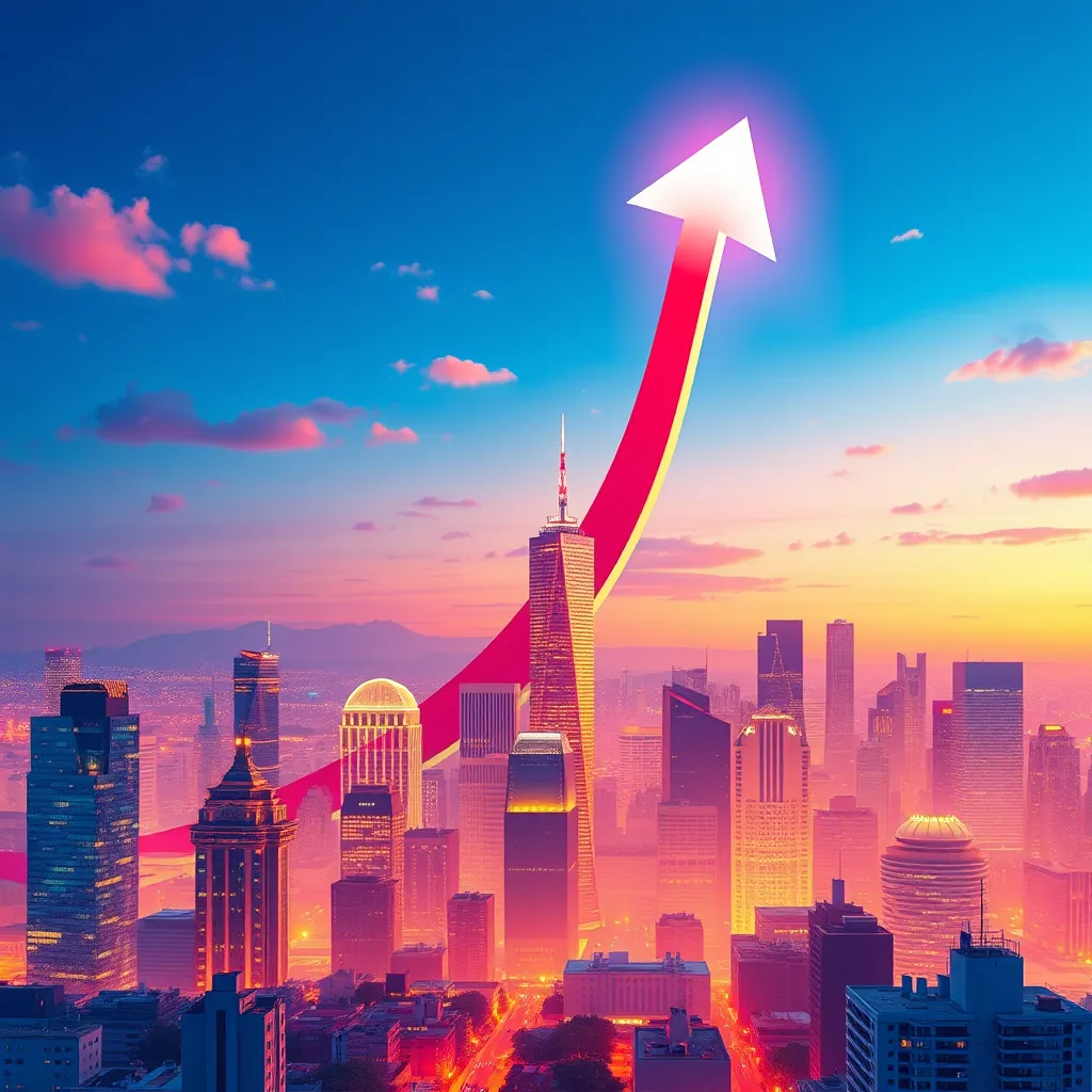 A vibrant illustration of a city skyline with a large arrow pointing upwards, showcasing a business's listing rising to the top of a search results page.  The colors should be bright and energetic, emphasizing growth and success.