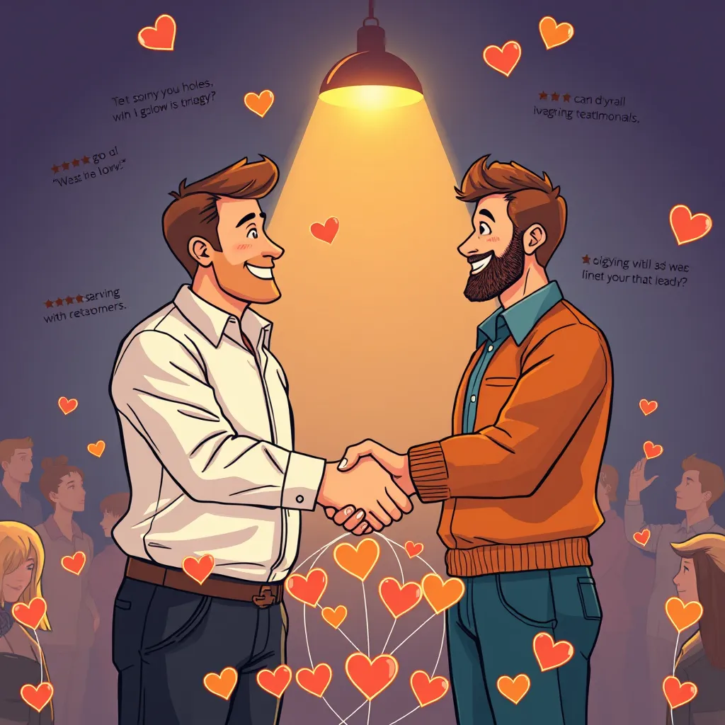 A warm and inviting illustration depicting a handshake between a business owner and a satisfied customer. They are surrounded by positive reviews, glowing testimonials, and a network of loyal customers connected by a string of hearts, symbolizing strong relationships and trust.