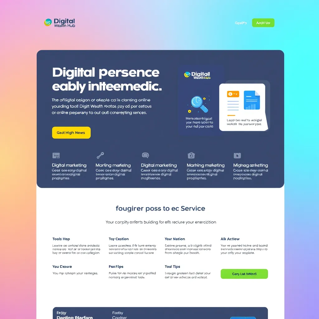 A website landing page with a modern and engaging design, showcasing a variety of digital marketing tools and strategies. The landing page should be visually appealing and informative, highlighting the key features of Digital Wealth Hub's online presence building services.