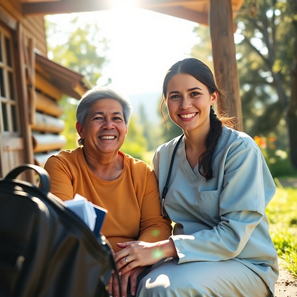 An ultra-high definition image, 8k resolution, in the style of a National Geographic travel photography. A young, happy travel nurse is shown smiling warmly with a patient during a home visit in a sun-drenched, rural setting.  The lighting is natural and bright, creating a cheerful and comforting ambiance.  The color palette consists of warm earth tones, sunny yellows, and the calming blue of the patient's clothing.  The camera angle is from a low position, emphasizing the connection between the nurse and patient.  Textures of the wooden house and outdoor environment are highly detailed. There are visible medical supplies in a travel bag nearby, suggesting professionalism and efficiency.  The overall mood is one of positivity, care and a sense of personal connection, focusing on the beauty and value of healthcare in remote areas.  Props include a well-organized medical bag and natural surroundings such as trees, flowers and green grass.   The style is reminiscent of a heartwarming documentary photograph, emphasizing authenticity and empathy.