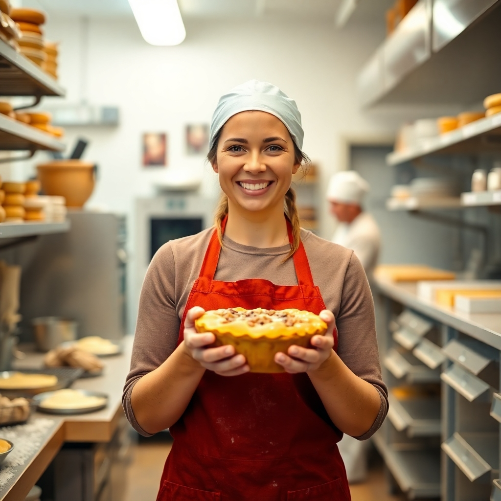 Create a photorealistic image for the 'About Us' section. The scene should depict a baker, preferably a woman, smiling warmly at the viewer. She is standing in a bright, clean bakery kitchen, surrounded by baking equipment and ingredients. Her hands are dusted with flour, and she's holding a freshly baked pie. The lighting is soft and diffused, creating a welcoming and inviting atmosphere. The color palette should be warm and comforting, with accents of yellow, brown, and cream. The background features blurred images of other bakers working diligently. The camera angle should be a medium shot, capturing the baker's friendly expression and the overall ambiance of the kitchen. Style reference: a blend of candid portraiture and food photography. Technical specifications: 4K resolution, high quality.