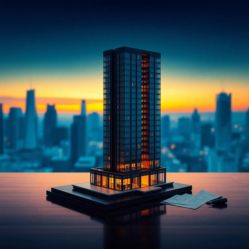 Generate a photorealistic, ultra-high definition (8K resolution) header image for a real estate and construction consulting business called 'Aphabet'. The image should depict a modern, sleek architectural model of a high-rise building, subtly illuminated from within, sitting on a polished dark-wood table against a blurred city skyline backdrop at sunset. The lighting should be warm and inviting, emphasizing the architectural details of the model. The color palette should be sophisticated, with deep blues and oranges from the sunset, contrasting with the cool greys and blacks of the building model and table.  The camera angle should be a slightly elevated three-quarter view, showcasing the building's form and texture. The model should have a highly detailed texture, showing the subtle variations in materials (glass, concrete, steel).  The background should be an out-of-focus, vibrant city skyline at sunset, with visible skyscrapers and a clear, slightly hazy sky.  Include a few subtle architectural design sketches and blueprints casually placed near the model to add context.  The overall mood should be professional, aspirational, and convey a sense of expertise and trust. The style should be reminiscent of high-end architectural photography seen in design magazines, with a cinematic quality.  The image should feature hyperrealistic rendering, with exceptional detail in the materials and textures, including subtle reflections and shadows., ultra high resolution, photorealistic, 8K, hyperdetailed, cinematic lighting