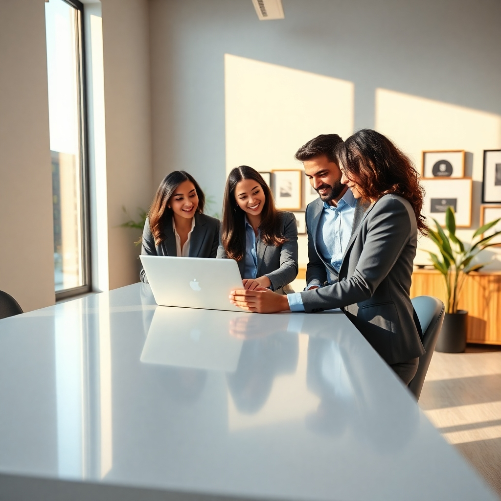 Generate a photorealistic, ultra-high-quality header image (8K resolution, hyperrealistic style) for a social media agency.  The image should feature a diverse team of three professionals (20-30s, dressed in modern business casual) collaborating around a large, sleek, modern desk in a bright, minimalist office. The scene is bathed in soft, natural light from a large window to the left, casting a warm, inviting glow.  The color palette should be sophisticated and calming, with muted blues, greys, and pops of gold. The mood is professional, collaborative, and innovative. The camera angle is slightly elevated, offering a dynamic perspective that showcases the team’s energy and engagement. The team is actively engaged in a project, perhaps looking at a laptop or tablet displaying social media analytics.  Textures include the smooth surfaces of the desk, the soft fabric of their clothing, and the subtle grain of a nearby wood accent.  The office space is clean and modern with plants subtly placed in the background. The image style should reference high-end corporate photography, similar to the work of Annie Leibovitz, with a touch of the modern, minimalist aesthetic of Cass Bird.  The image must reflect a sense of teamwork, innovation and high-end digital marketing expertise.  Include subtle background details such as framed awards or certificates to represent past achievements and the high caliber of the agency., ultra high resolution, photorealistic, 8K, hyperdetailed, cinematic lighting