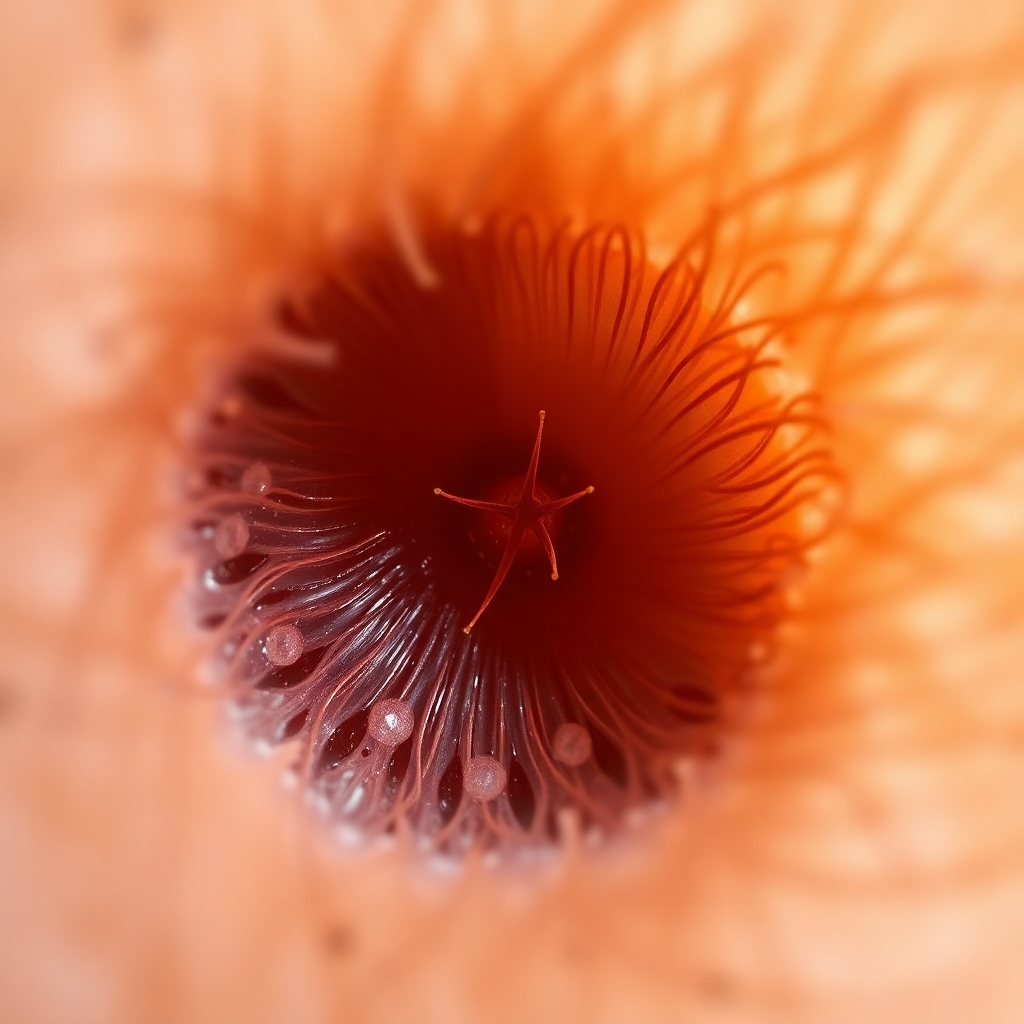 Microscopic image of natural hair follicle, visibly healthy and strong due to the use of PhilGlamour's natural products.  The style is educational and high-tech, visualizing the positive effects of the products. The image needs to be 4K resolution.