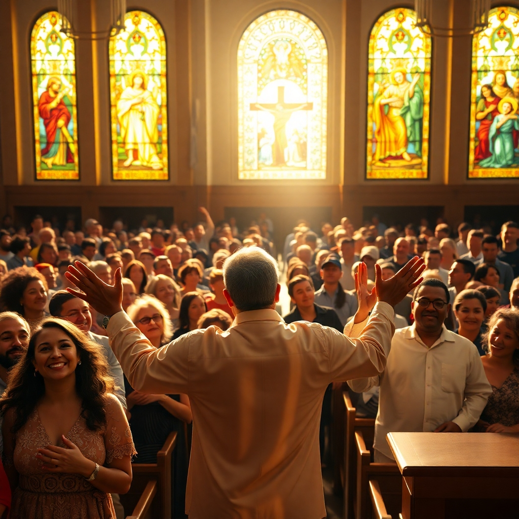 Photorealistic 8K image.  A wide shot of a modern church sanctuary filled with a diverse and joyful congregation. Soft, diffused sunlight streams through large stained-glass windows depicting biblical scenes, casting a warm glow on the attendees. The color palette is rich and vibrant, with golden yellows, deep blues, and warm reds dominating. The main focus is on the joyous expressions of the worshipers, their faces radiating peace and happiness.  The pastor is at the pulpit, his hands outstretched in blessing, captured in a dynamic pose. The style is reminiscent of the work of Steve McCurry, capturing the authenticity and emotion of the moment.  Detailed textures are visible in the clothing, the polished wood of the pews, and the intricate details of the stained-glass. The air is filled with an ethereal glow, creating a sense of reverence and spiritual upliftment.  High-resolution, ultra-detailed, hyperrealistic.