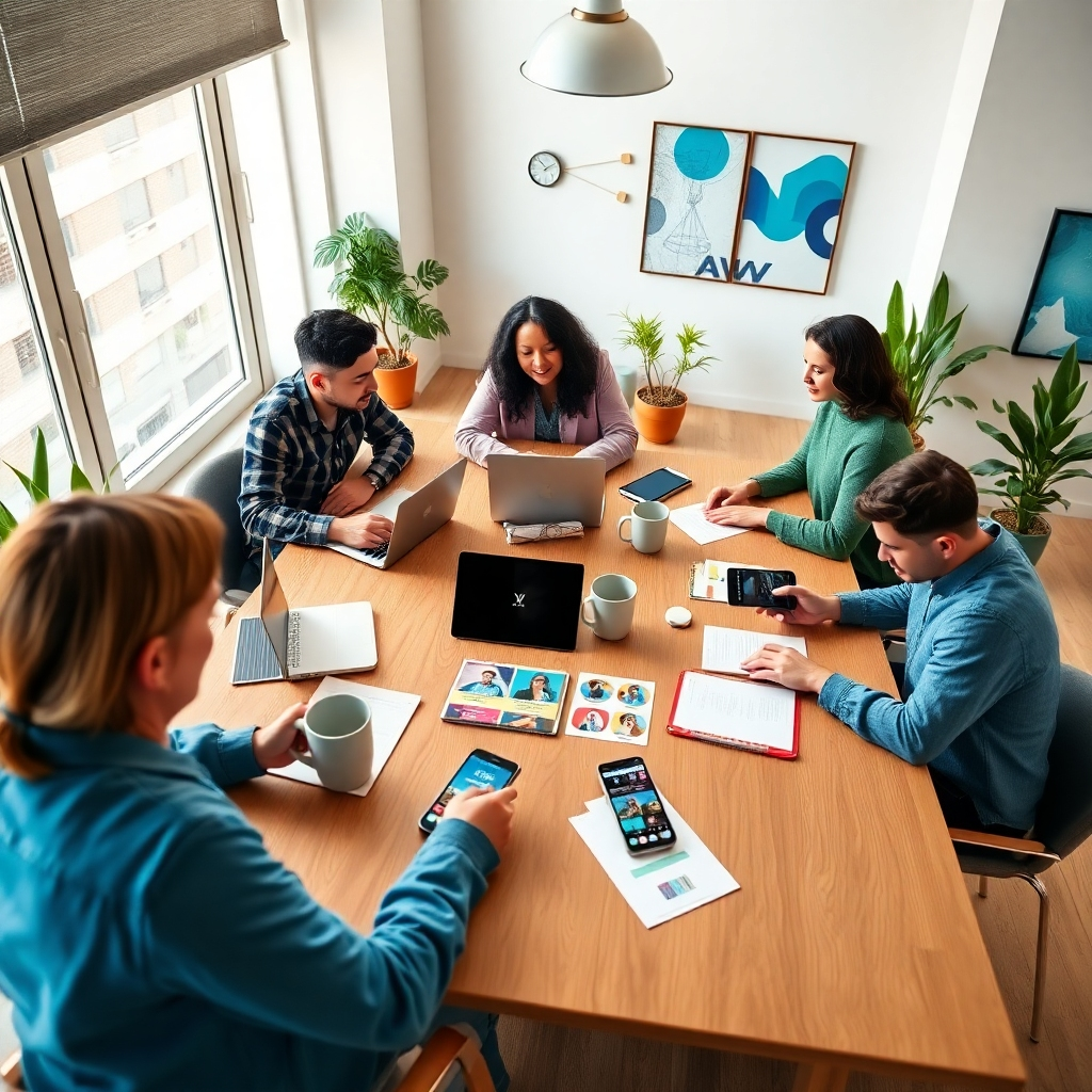Photorealistic image, 8K resolution, hyperrealistic detail.  A diverse team of three social media managers brainstorming around a large table in a modern, bright office. Soft diffused lighting from large windows.  Warm, inviting color palette with pops of brand colors (blues and greens).  Camera angle from slightly above, looking down at the table.  Table is made of light oak wood with visible grain.  On the table are laptops, notebooks, mood boards with colorful images and sticky notes, and steaming mugs of coffee.  Props include smartphones showcasing mock-ups of engaging social media posts. Background elements include trendy office plants and artwork.  Style reference: Annie Leibovitz.  Mood: collaborative, creative, energetic, professional.  Textures: smooth wood, soft fabrics, rough paper.