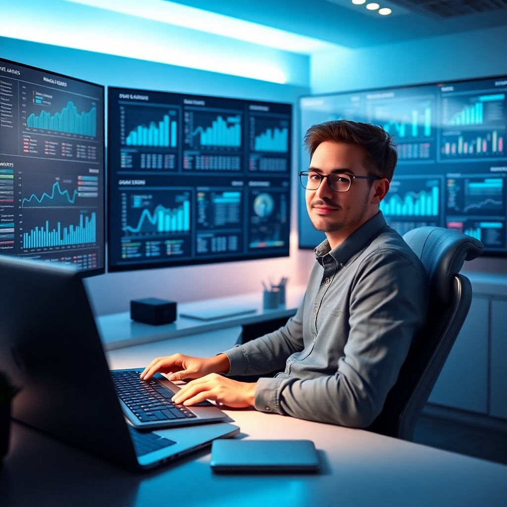 Photorealistic image, 8K resolution, hyperrealistic detail.  A young, confident social media manager sits in a modern office, reviewing data on multiple large screens displaying social media analytics dashboards. Soft, ambient lighting with a subtle blue hue. Cool, calming color palette with accents of teal and gray.  Camera angle: slightly low, looking up at the screens and the manager.  Materials: sleek glass screens, brushed aluminum computer casings, soft leather office chair.  Environmental elements include an organized, minimalist workspace.  Style reference: Steve McCurry.  Mood: calm, confident, professional, data-driven.  Props: multiple large monitors showing graphs, charts, and key performance indicators (KPIs), a wireless keyboard, a laptop, and a sleek, modern desk.