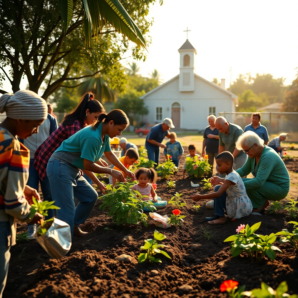 Photorealistic image, 8K resolution, hyperrealistic rendering. A medium shot focusing on a group of volunteers from the Gospel Open Door Church of All Nations actively participating in a community outreach program.  The setting is an outdoor community garden on a sunny day with soft, warm lighting.  Volunteers are tending to plants, interacting with children and senior citizens, and sharing food, conveying a strong sense of community and caring. The color palette is earthy and warm, with greens, browns, and bright splashes of color from the flowers and people's clothing. The style emulates the compassionate realism of Dorothea Lange's photography.  High detail in the textures of clothing, soil, and plants.  The background includes a modest church building, visible in the distance.