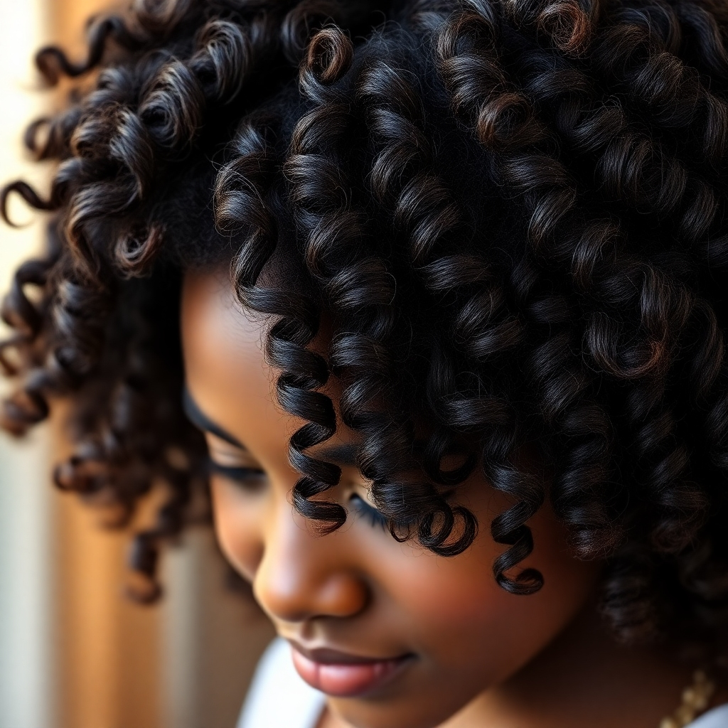 Photorealistic image: Close-up shot of beautifully defined, bouncy curls on a Black woman's head.  Natural lighting, focusing on the texture and shine of the curls. Soft and warm color tones.  The background is blurred, drawing attention to the hair. The hair appears healthy and vibrant.  Image resolution should be 4K for exceptional clarity.