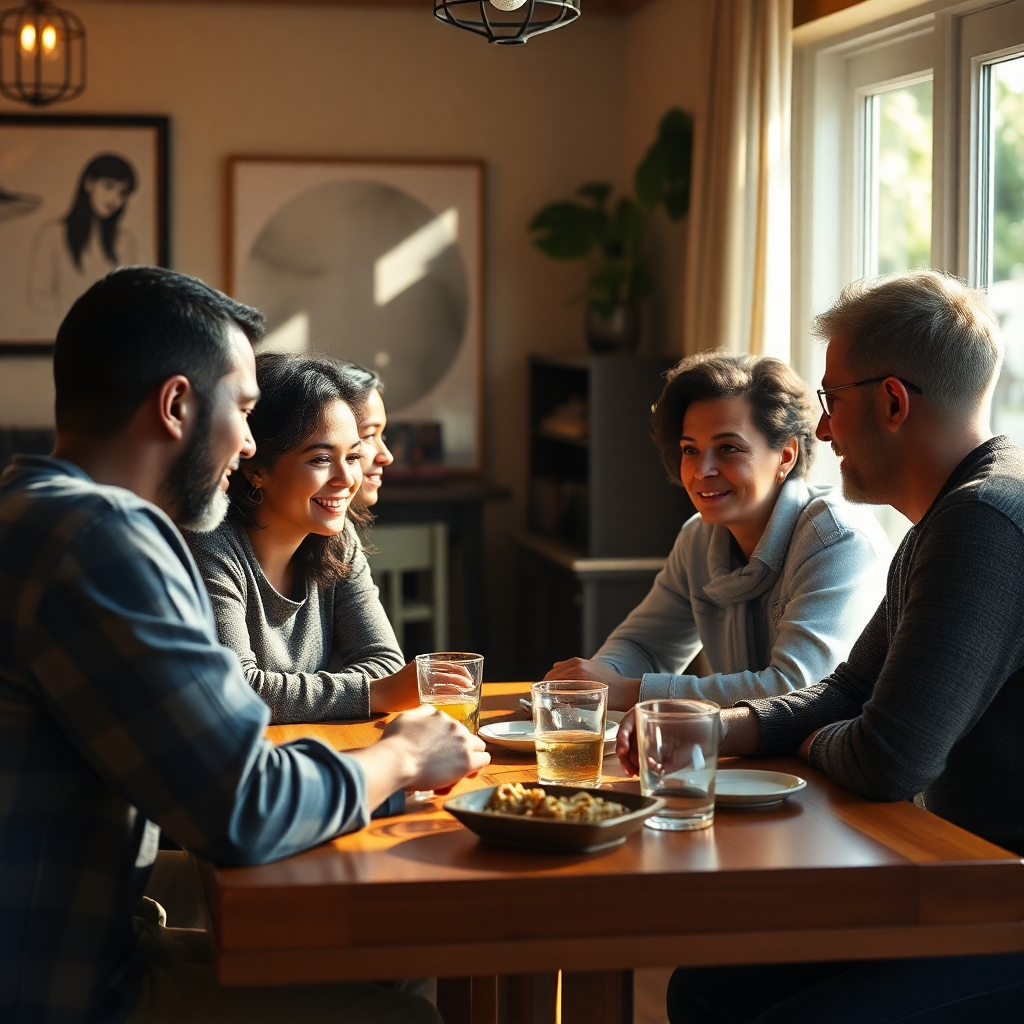 Photorealistic image of a small group of people from diverse backgrounds engaging in a heartfelt conversation around a table, bathed in warm, natural light. The scene should exude a sense of intimacy, trust, and mutual respect.  The environment should feel comfortable and inviting. High resolution, 8k quality, detailed textures, cinematic lighting