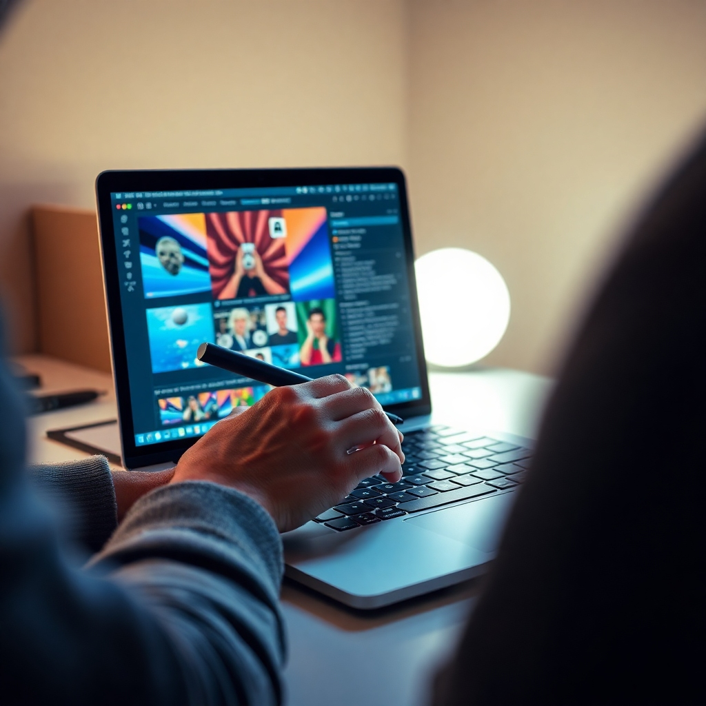 Photorealistic image, ultra-high definition, cinematic lighting.  Close-up shot of hands expertly crafting a visually stunning Instagram post using design software on a sleek MacBook Pro. Dramatic side lighting accentuates the detail of the hands and the screen's glow.  Color palette: vibrant and saturated, with a focus on sharp contrasts.  Camera angle: over the shoulder, slightly tilted.  Textures: smooth glass screen, metallic laptop casing, soft keyboard keys, rough texture of a stylus. Environmental elements include a minimalist, modern workspace with clean lines and a neutral backdrop.  Style reference: Peter Lindbergh.  Mood: focused, creative, professional, high-end. Props: advanced graphic design software interface visible on the screen, a wireless mouse, various design tools.