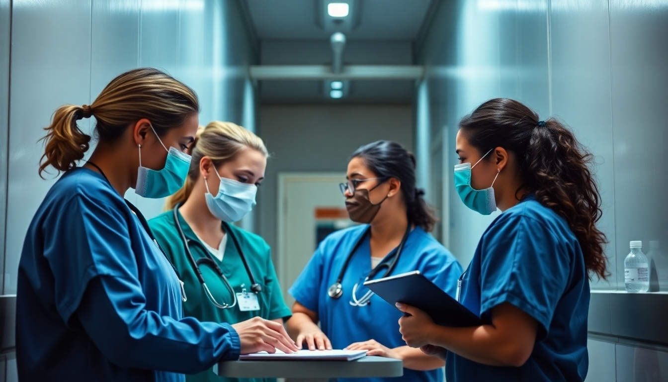 A photorealistic image of a diverse group of happy and professional healthcare workers (doctors, nurses, technicians) smiling and interacting in a modern, well-lit hospital setting.  The background should subtly feature the T L Rawlings Staffing LLC logo.