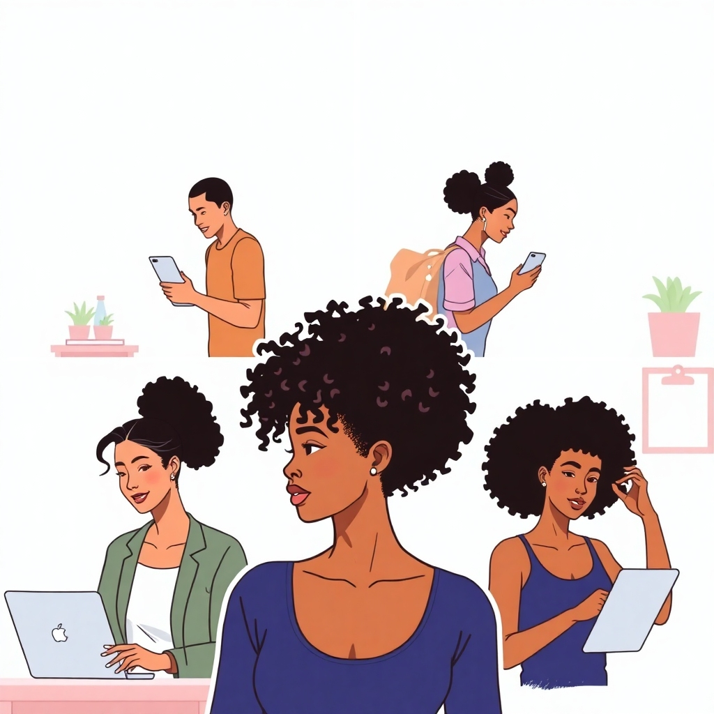 Stylized image, showing a woman seamlessly transitioning between different daily activities while maintaining a beautiful natural hairstyle.  4K resolution