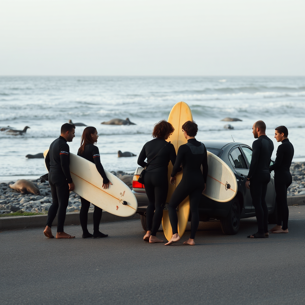 Cape Town ocean lifestyle with wildlife presence and surfers gathering quietly