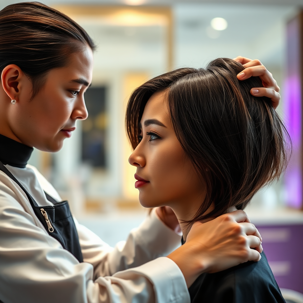 Skilled hair stylist cutting client's hair