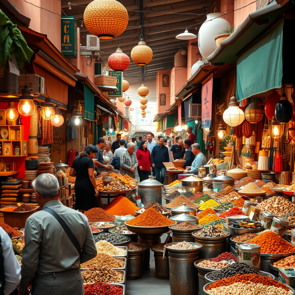 A bustling marketplace in Marrakech, filled with vibrant colors, exotic spices, and lively vendors. Capture the energy and cultural richness of the scene.