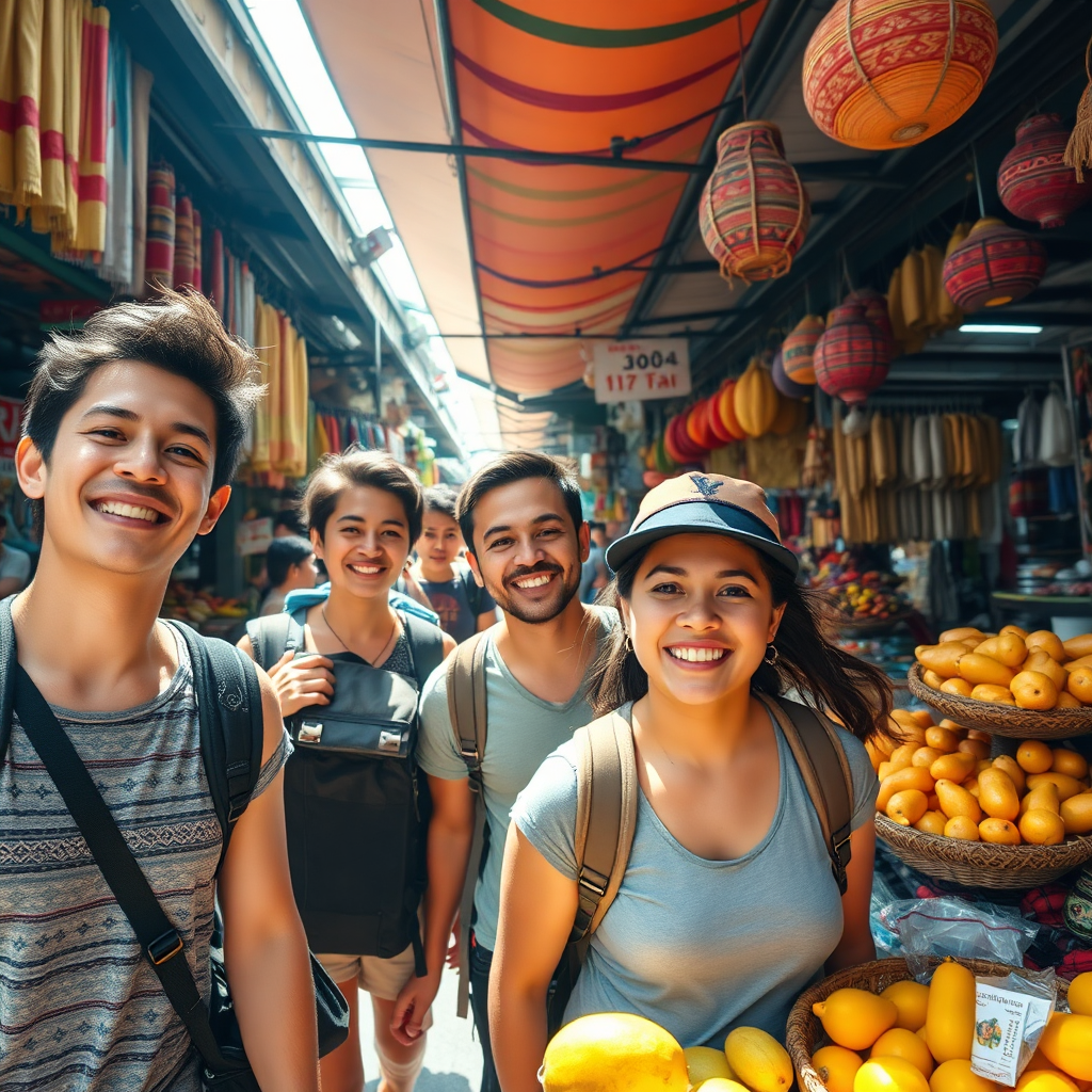 A cheerful group of backpackers exploring a bustling marketplace in Southeast Asia. The lighting should be bright and sunny, capturing the energy of the scene. The color palette should be warm and inviting, with vibrant hues of oranges, yellows, and reds. The camera angle should be eye-level, allowing the viewer to feel immersed in the marketplace atmosphere. Focus on the details of the colorful textiles, exotic fruits, and the smiles of the locals. Style: Candid travel photography. Technical specs: 4K resolution, high quality.