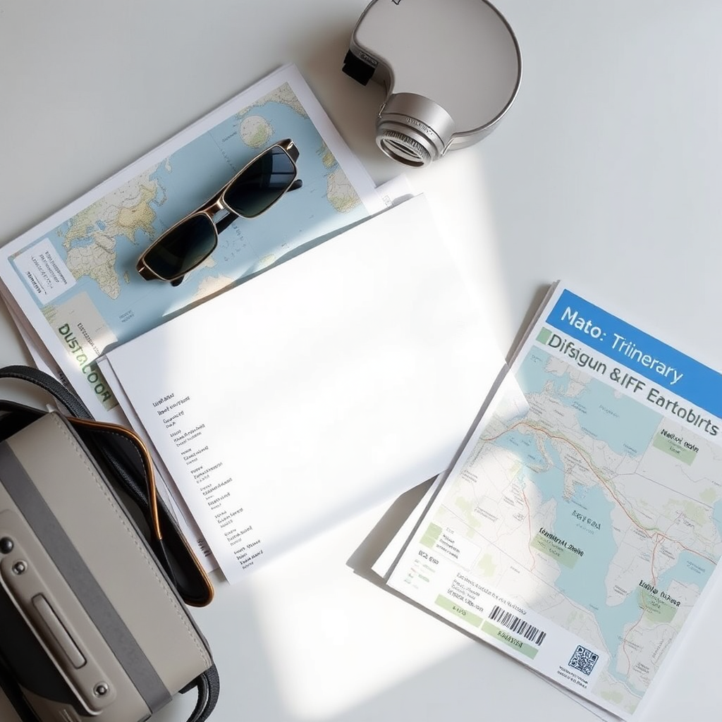 A clean and organized image showcasing a travel itinerary with maps, tickets, and other essential documents. The lighting should be soft and diffused, creating a sense of calm and organization. The color palette should be neutral and calming, with blues, greens, and whites dominating the scene. The camera angle should be overhead, providing a clear view of the itinerary. Focus on the details of the maps, tickets, and other documents, highlighting their clarity and ease of use. Style: Minimalist product photography. Technical specs: 4K resolution, high quality.