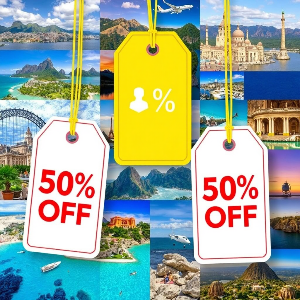 A collage of travel destinations with prominent discount tags overlaid. Highlight the value and savings offered through promotions.