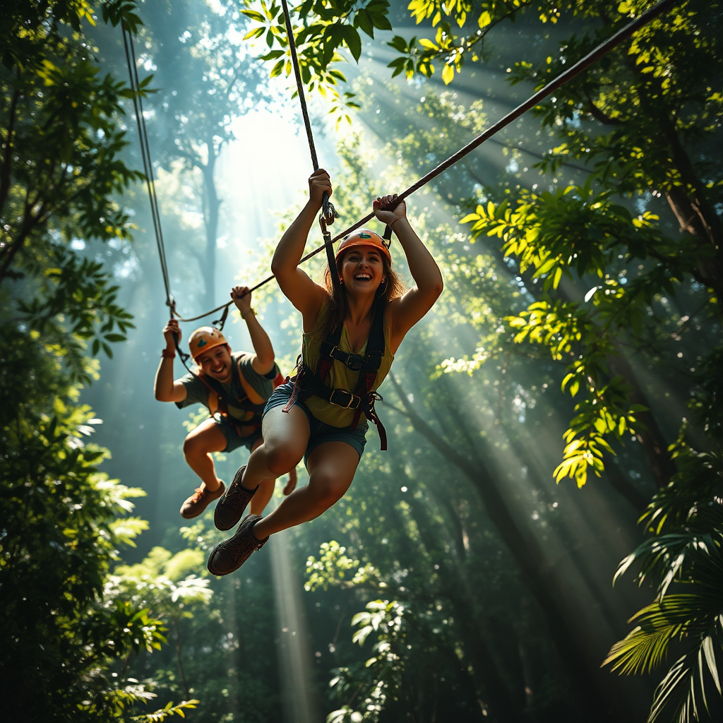 A dynamic image depicting a group of adventurers ziplining through a lush rainforest canopy. The lighting should be dramatic, with shafts of sunlight piercing through the leaves. The color palette should be vibrant, with greens and browns dominating the scene. The camera angle should be low, looking up at the adventurers to emphasize their daring. Focus on the details of the zipline cables, harnesses, and the expressions of excitement on the adventurers' faces. Style: Action-oriented travel photography. Technical specs: 4K resolution, high quality.