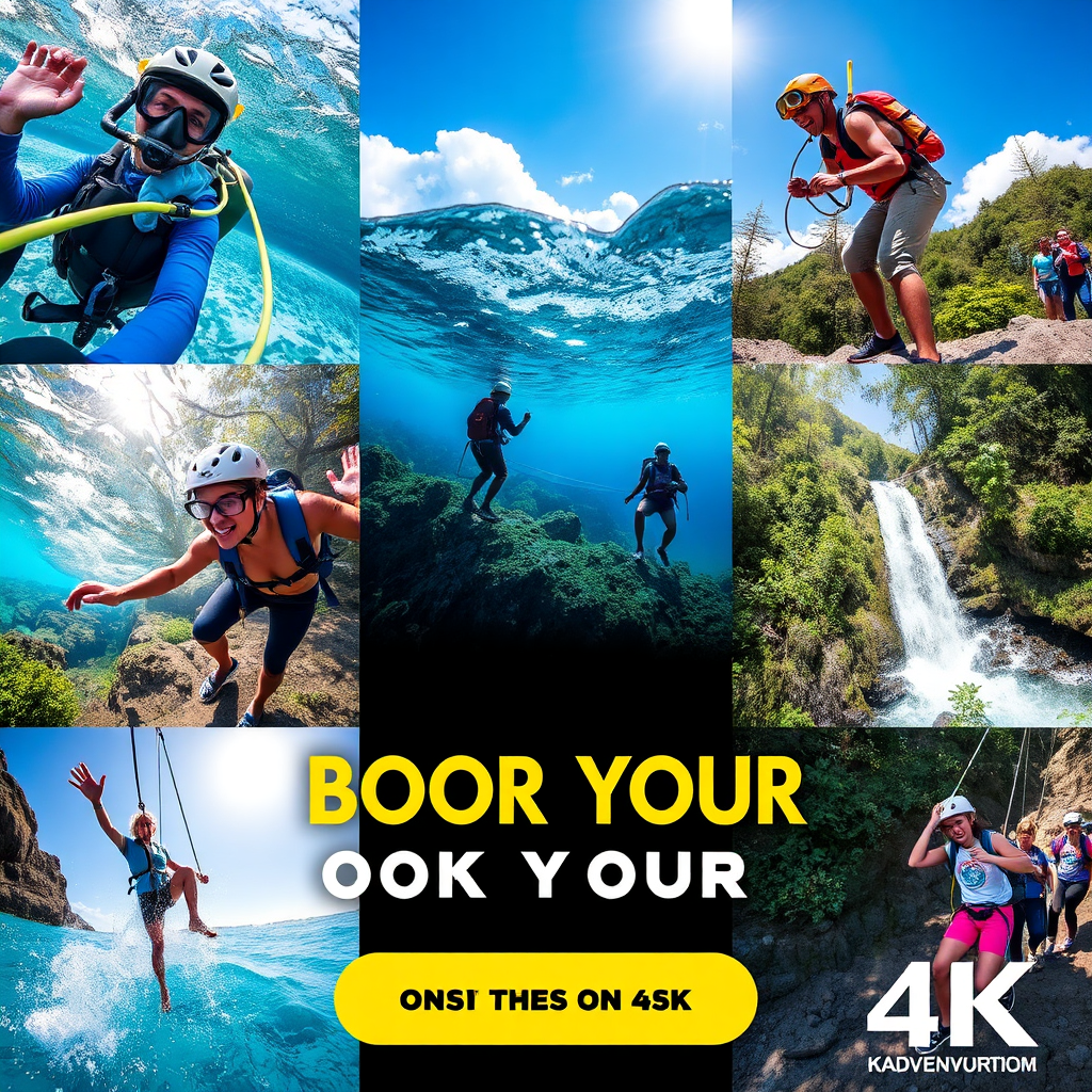 A dynamic image showcasing a variety of adventure activities, such as snorkeling, hiking, and ziplining. The lighting is bright and energetic. The color palette is vibrant and diverse. Focus on the excitement and thrill of the activities, encouraging viewers to book their own adventure. Style: Adventure tourism photography. Technical specs: 4K resolution, high quality.