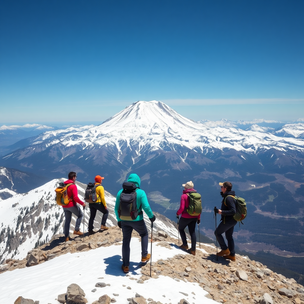 A group of hikers reaching the summit of a snow-capped mountain, overlooking a breathtaking valley. Emphasize the challenge, achievement, and natural beauty.