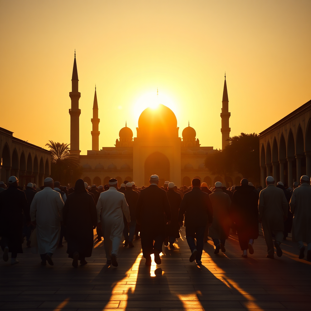A group of pilgrims walking towards a grand mosque during sunrise, silhouetted against the golden light. The image should evoke a sense of peace, reverence, and spiritual awakening.