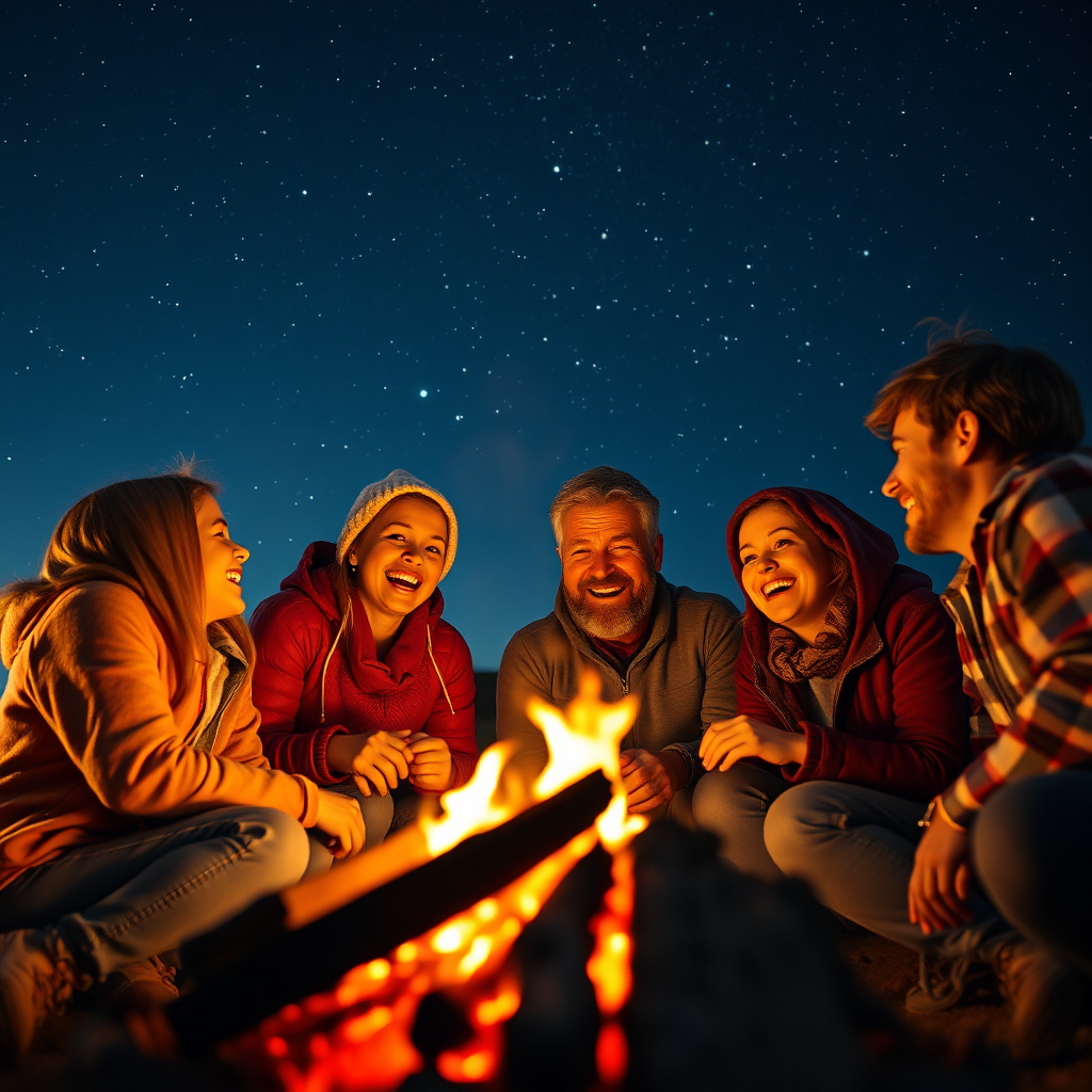 A heartwarming image depicting a family laughing and sharing stories around a campfire under a starry sky. The lighting should be warm and inviting, creating a sense of intimacy and connection. The color palette should be rich and vibrant, with oranges, yellows, and purples dominating the scene. The camera angle should be eye-level, allowing the viewer to feel like they are part of the moment. Focus on the details of the campfire, the stars, and the expressions of joy on the family's faces. Style: Heartfelt travel photography. Technical specs: 4K resolution, high quality.