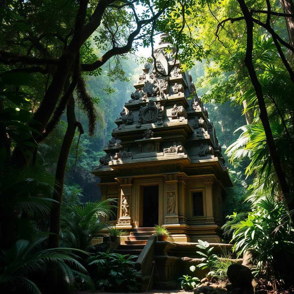 A hidden temple nestled deep within a lush rainforest, sunlight filtering through the canopy, revealing intricate carvings. Capture the sense of discovery and mystery.