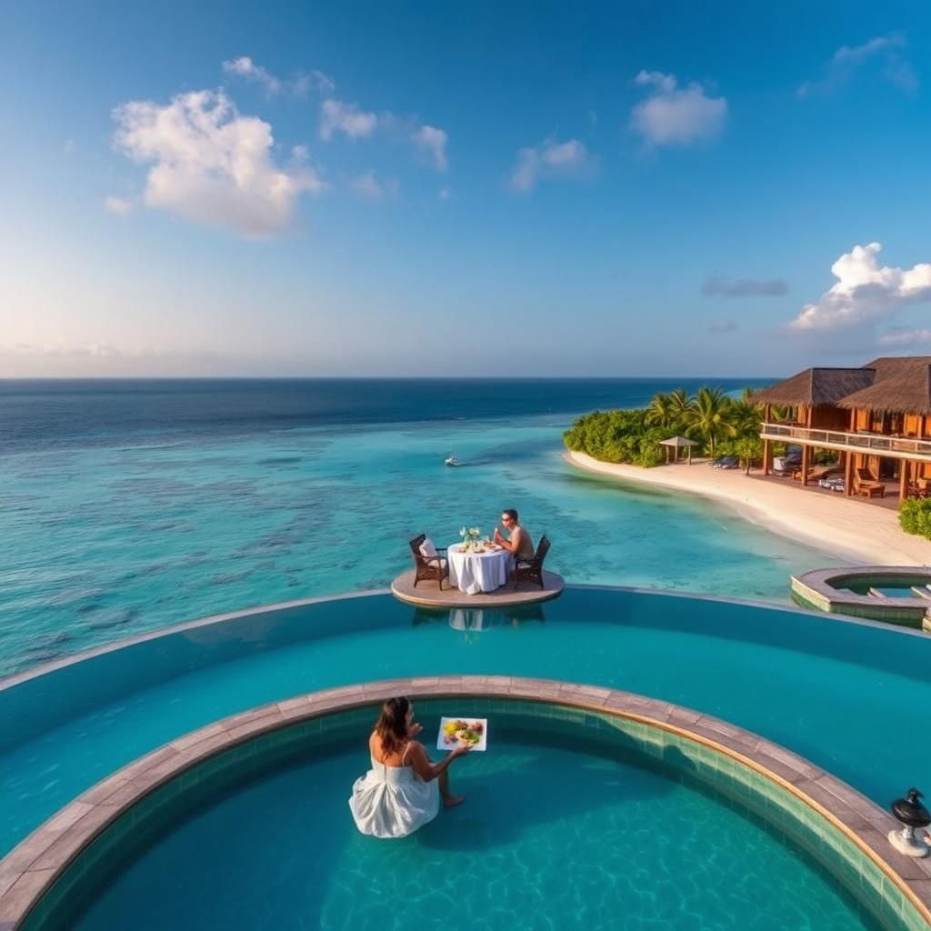 A luxurious resort overlooking a turquoise ocean, with a couple enjoying a private dinner on the beach. Showcase the comfort and customization of premium travel.