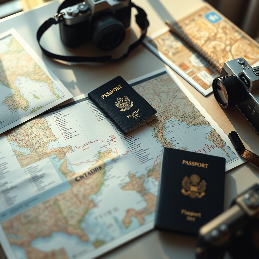 A meticulously organized itinerary laid out on a table, surrounded by travel essentials such as a passport, map, and camera. The lighting is warm and inviting, suggesting a sense of adventure and preparation.