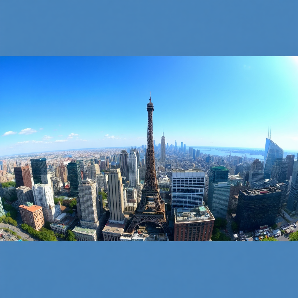 A panoramic view of a bustling city skyline with iconic landmarks, such as the Eiffel Tower or the Statue of Liberty. The image should capture the energy, excitement, and diversity of urban exploration.