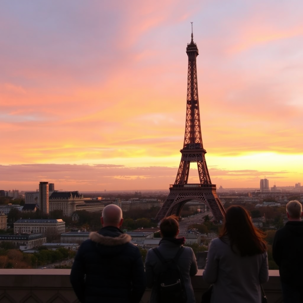 A panoramic view of the Eiffel Tower at sunset, with couples taking photos, bathed in the golden light. Convey the romance and grandeur of iconic landmarks.