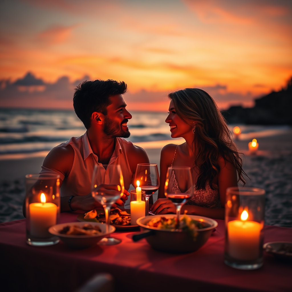 A romantic scene depicting a couple enjoying a private dinner on a secluded beach at sunset. The lighting should be warm and golden, creating a sense of intimacy and romance. The color palette should be rich and vibrant, with oranges, pinks, and purples dominating the scene. The camera angle should be eye-level, allowing the viewer to feel like they are part of the moment. Focus on the details of the gourmet food, the flickering candlelight, and the expressions of love on the couple's faces. Style: Romantic travel photography. Technical specs: 4K resolution, high quality.