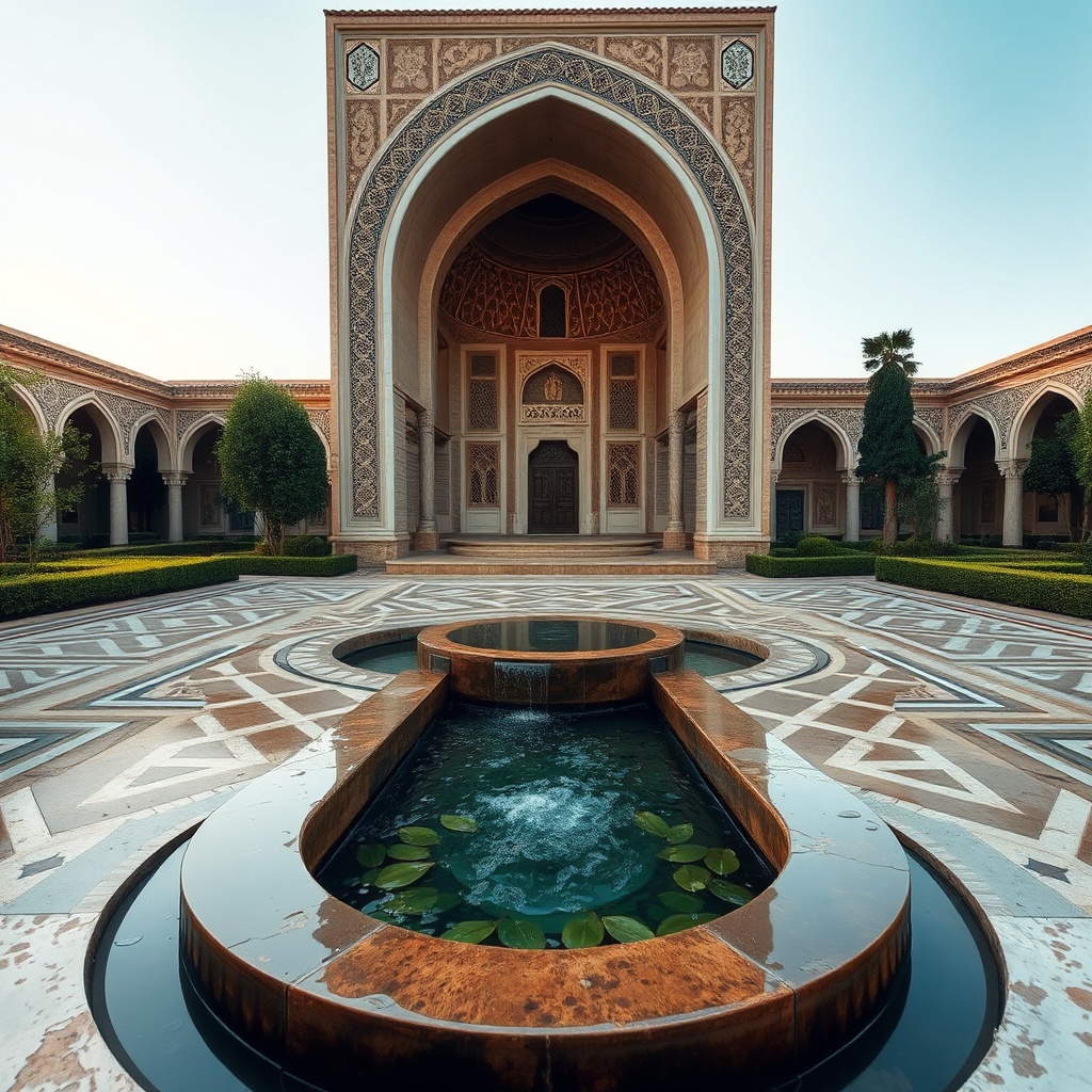 A serene Islamic garden with intricate geometric patterns and flowing water, symbolizing peace and tranquility. Capture the harmony and spiritual essence of the space.