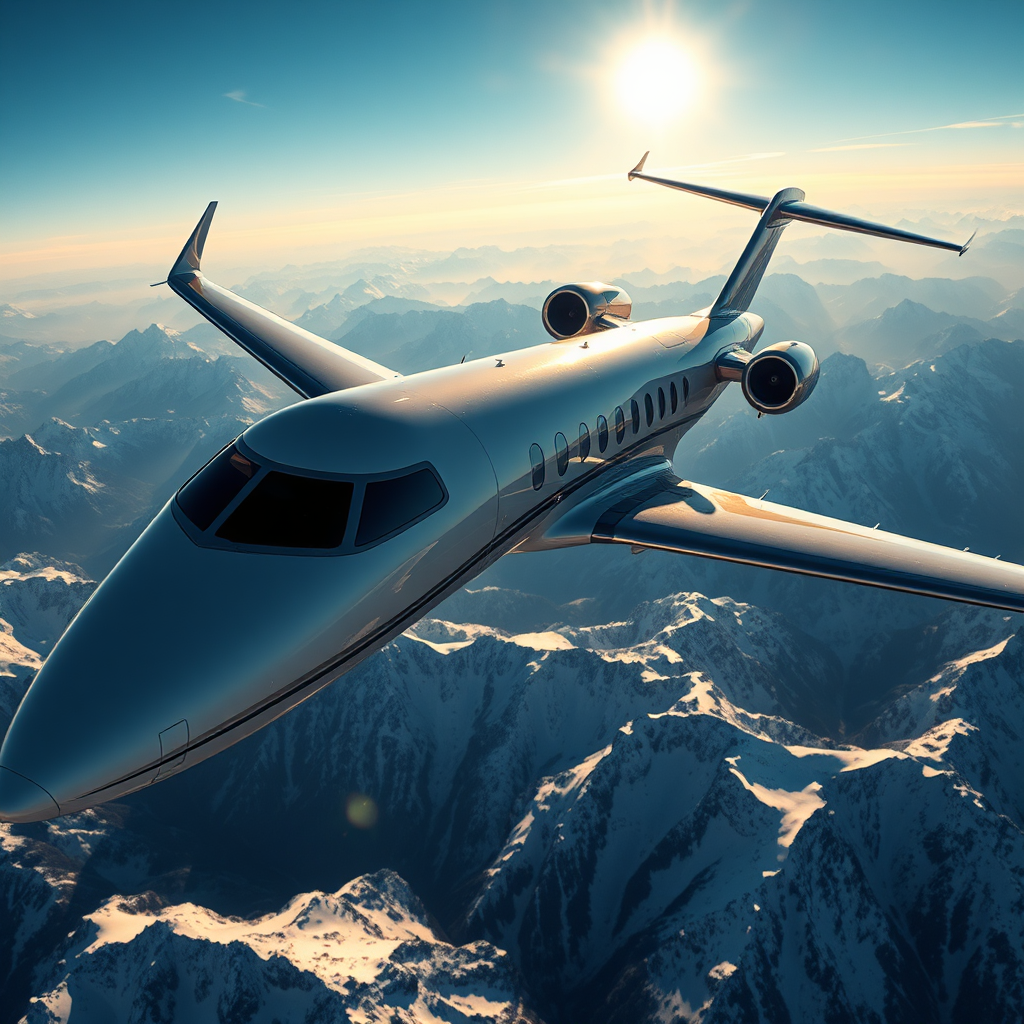 A sophisticated image showcasing a private jet soaring over a stunning mountain range. The lighting should be dramatic, with the sun reflecting off the jet's sleek exterior. The color palette should be cool and crisp, with blues, whites, and silvers dominating the scene. The camera angle should be low, looking up at the jet to emphasize its power and speed. Focus on the details of the jet's design, the snow-capped mountains, and the clear blue sky. Style: Aviation photography. Technical specs: 4K resolution, high quality.