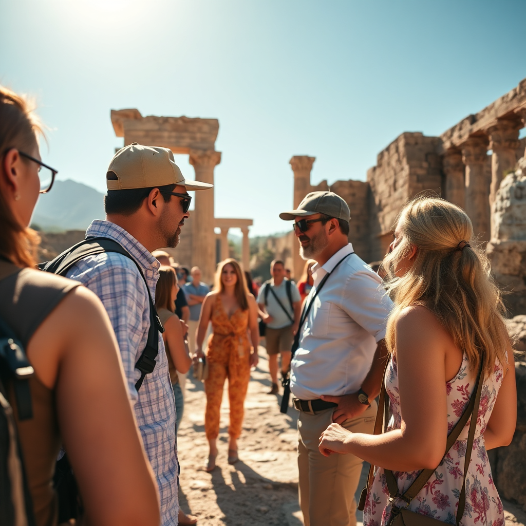 A vibrant image of a guided tour group exploring ancient ruins, led by a knowledgeable guide. The lighting is sunny and warm. The color palette is rich and earthy. Focus on the interaction between the guide and the tour group, highlighting the educational and immersive experience. Style: Cultural tourism photography. Technical specs: 4K resolution, high quality.