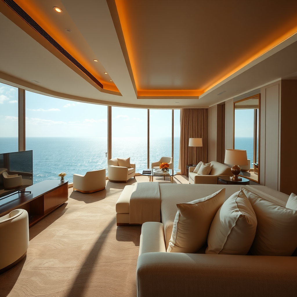 An elegant image showcasing a luxurious hotel suite with panoramic ocean views. The lighting should be soft and warm, creating a sense of relaxation and indulgence. The color palette should be neutral and sophisticated, with creams, beiges, and golds dominating the scene. The camera angle should be slightly elevated, capturing the grandeur of the suite and the breathtaking view. Focus on the details of the plush furniture, fine linens, and the sparkling ocean. Style: Luxurious interior photography. Technical specs: 4K resolution, high quality.