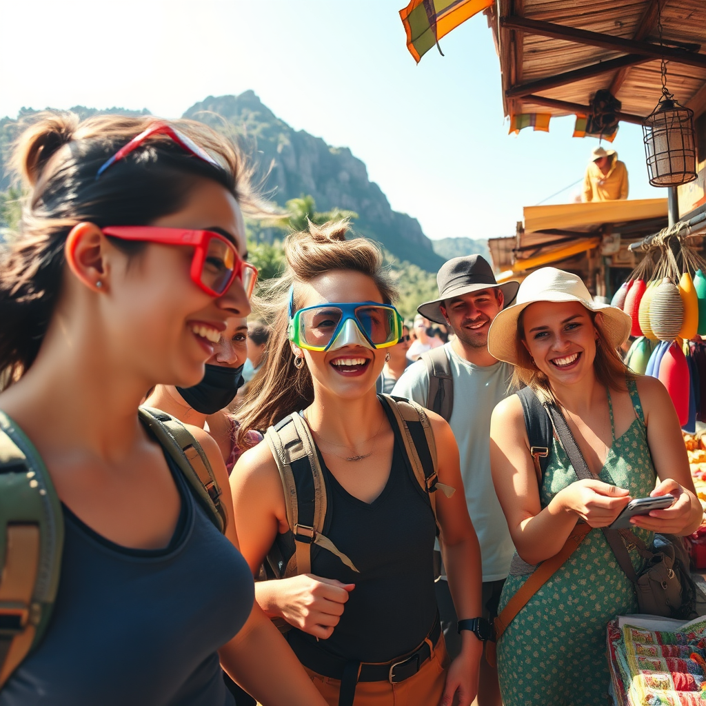An image showcasing a diverse group of travelers engaging in different activities simultaneously: one group hiking, another snorkeling, and another exploring a local market. The lighting should be bright and sunny, capturing the energy and excitement of the scene. The color palette should be vibrant and diverse, reflecting the variety of activities on offer. The camera angle should be wide, showcasing the breadth of experiences available. Focus on the details of the different activities, the happy expressions on the travelers' faces, and the diverse landscapes. Style: Energetic travel photography. Technical specs: 4K resolution, high quality.
