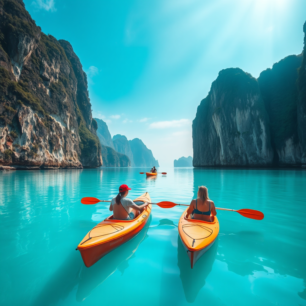 An image showcasing a serene scene of travelers kayaking through a calm, turquoise lagoon surrounded by limestone cliffs. The lighting should be soft and diffused, creating a sense of tranquility. The color palette should be cool and calming, with blues, greens, and whites dominating the scene. The camera angle should be wide, capturing the vastness of the lagoon and the surrounding landscape. Focus on the details of the kayaks, the reflections in the water, and the texture of the limestone cliffs. Style: Serene landscape photography. Technical specs: 4K resolution, high quality.
