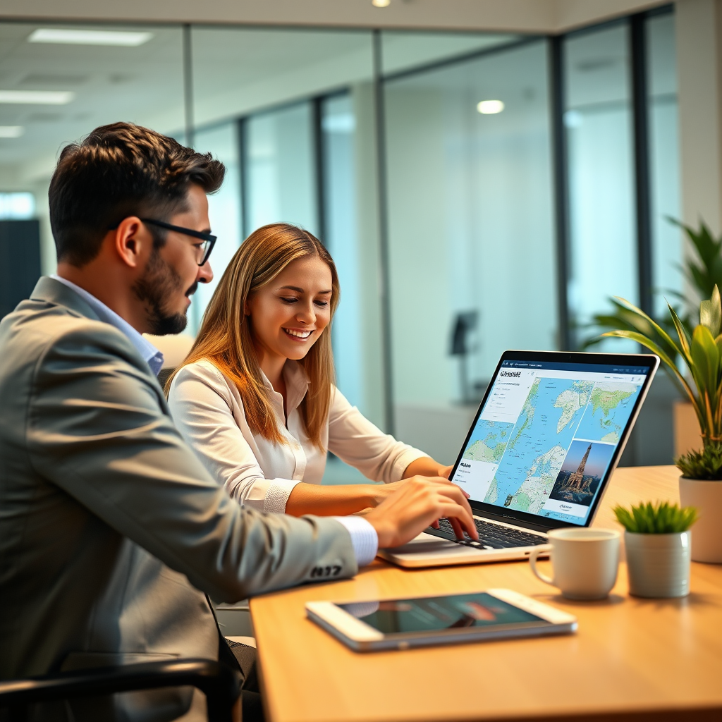An image showcasing a travel agent working with a client, customizing a travel itinerary on a laptop. The setting is a bright, modern office. The lighting is soft and professional. The color palette is clean and inviting. Focus on the interaction between the agent and the client, emphasizing personalized service. Style: Professional office environment with a travel theme. Technical specs: 4K resolution, high quality.
