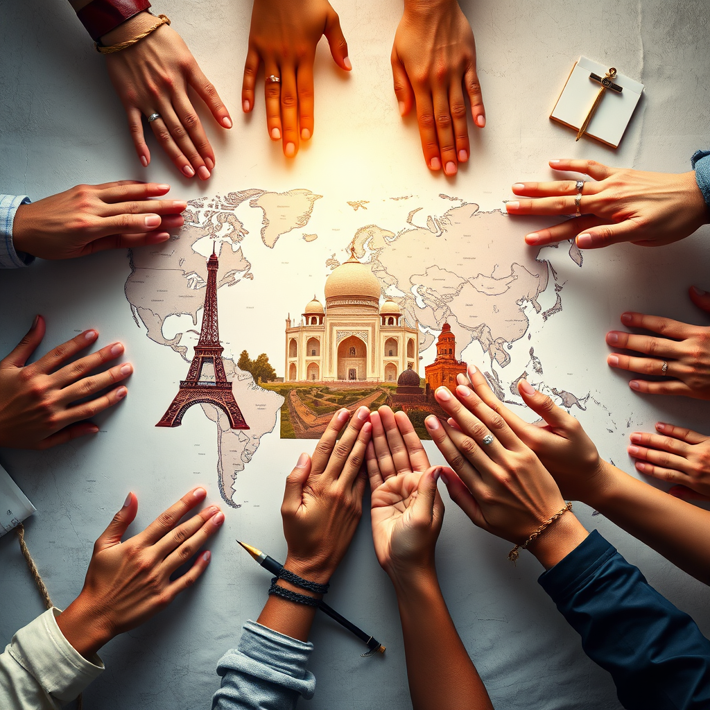 Create a photorealistic image representing Kristal Aswad Travel & Tours' mission. Depict a world map subtly overlaid with iconic landmarks from various countries: the Eiffel Tower, the Taj Mahal, the Great Wall of China, and the Kaaba. Around the map, show hands of diverse people connecting and interacting. The lighting should be soft and warm, symbolizing unity and global connection. The color palette should be rich and inviting, suggesting warmth and trustworthiness. Use a slightly overhead camera angle to emphasize the global scope. Texture details should include the intricate details of the map and the diverse textures of the hands. Include subtle props like a compass and travel documents, hinting at exploration and reliable service. The style should be photorealistic with a touch of artistic flair, creating an image that is both informative and visually appealing. 4K resolution, high quality.