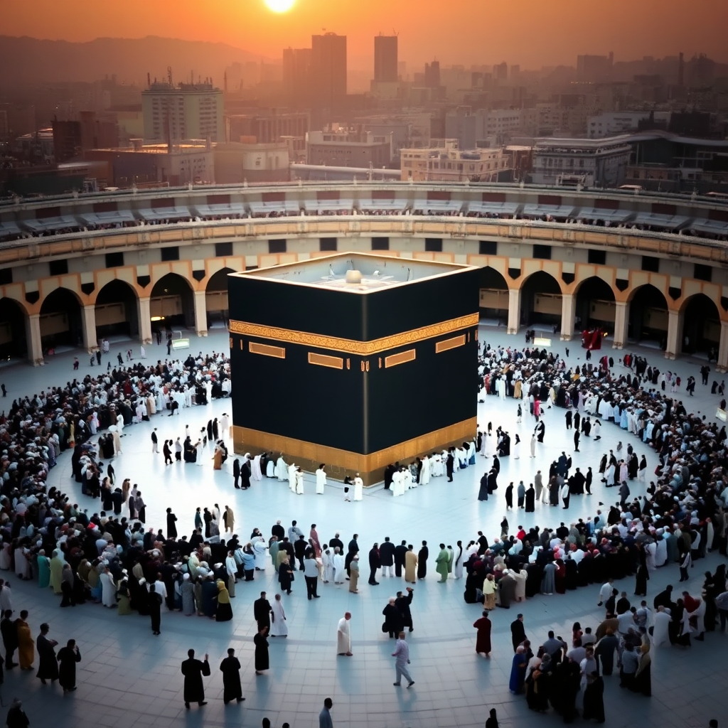 Pilgrims circumambulating the Kaaba in Mecca, bathed in the soft glow of dawn. Capture the sense of devotion, unity, and spiritual significance.