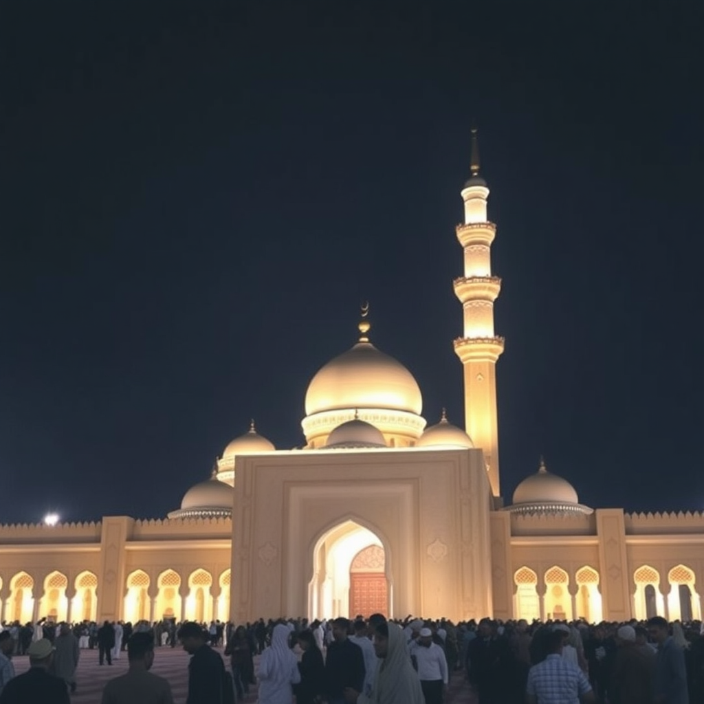 The Prophet's Mosque in Medina, illuminated at night, with serene worshippers. Capture the peace, reverence, and architectural beauty of the site.